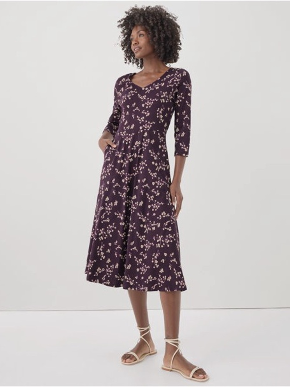 Pact Fit and Flare Party Midi Dress Scattered Sprigs Plum Organic Cotton Stretch